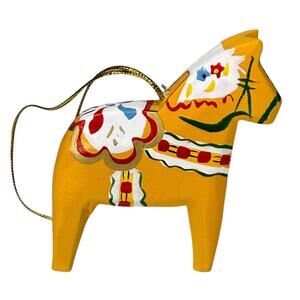 Vintage Swedish Dala Horse Ornament Nordic Scandinavian Wooden Yellow Dala Horse